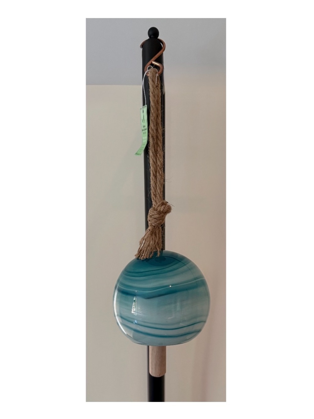 Handcrafted Teal Glass Orb Hanging Accent with Natural Rope